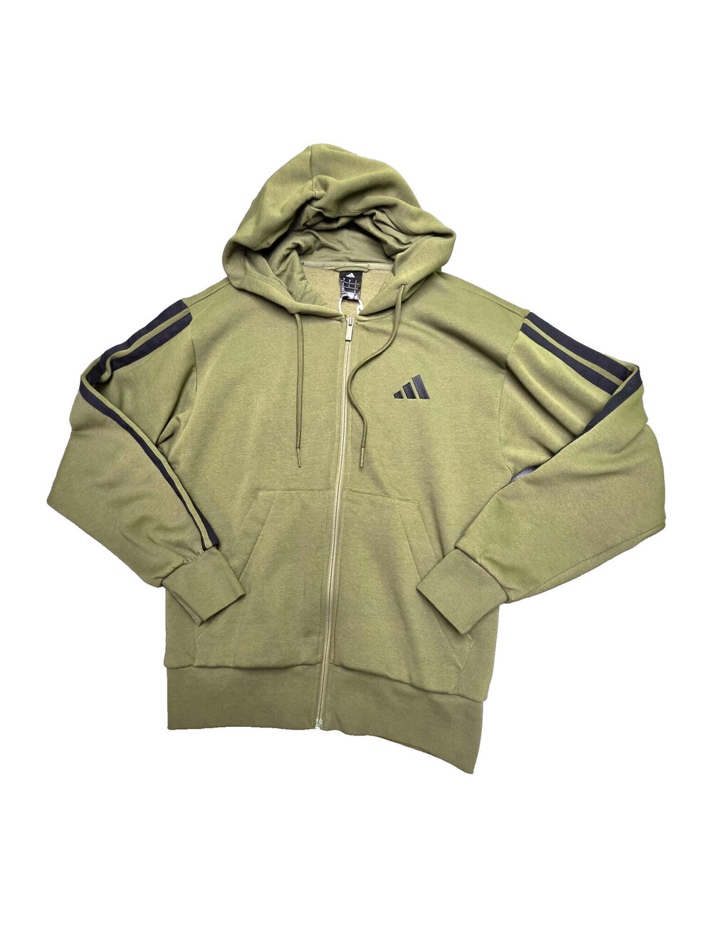 Adidas Essentials 3-Stripes Fleece Full Zip Hoodie Mens Small Olive Green JD1864
